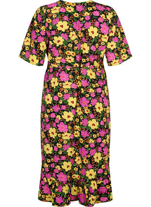 Zizzi Printet wrapkjole med korte ærmer , Yellow Pink Flower, Packshot image number 1