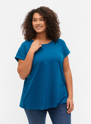Zizzi Kortærmet t-shirt i bomuldsblanding, Petrol Blue, Model image number 0