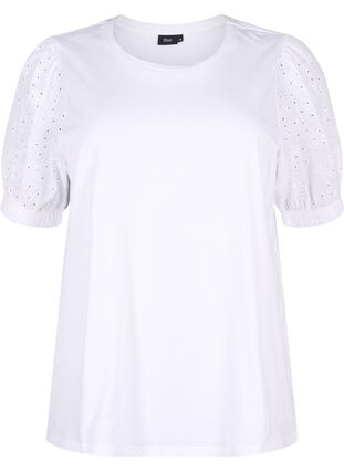 Zizzi Økologisk bomuldsbluse med broderi anglaise ærmer, Bright White, Packshot image number 0