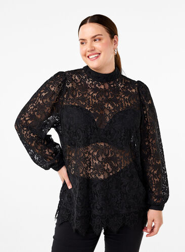 Zizzi Blonde bluse med sløjfedetalje, Black, Model image number 0