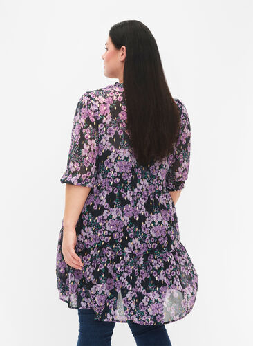 Zizzi Tunika med blomsterprint og lurex, Black Small Fl. AOP, Model image number 1