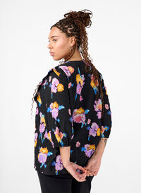 Blomstret bluse med rund hals og lynlås, Black w. Flower AOP, Model