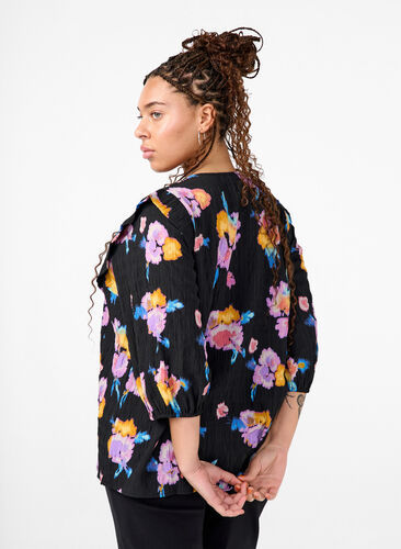 Zizzi Blomstret bluse med rund hals og lynlås, Black w. Flower AOP, Model image number 0