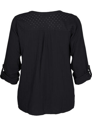 Zizzi Bluse i bomuld med broderi anglaise og 3/4 ærmer, Black, Packshot image number 1