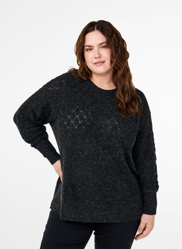 Zizzi Strikbluse med hulmønster, Dark Grey Melange, Model image number 0