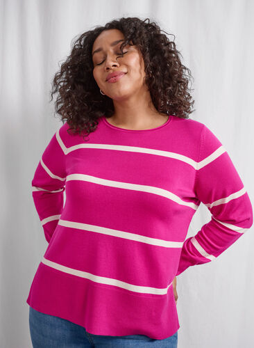 Zizzi Strikket viskosebluse med striber, Fuchsia Red Comb, Image image number 0