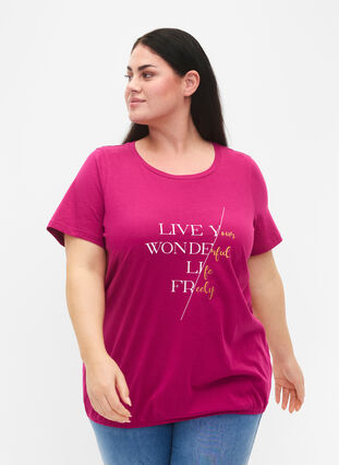 Zizzi Kortærmet bomulds t-shirt med elastikkant, Festival F W. Live, Model image number 0
