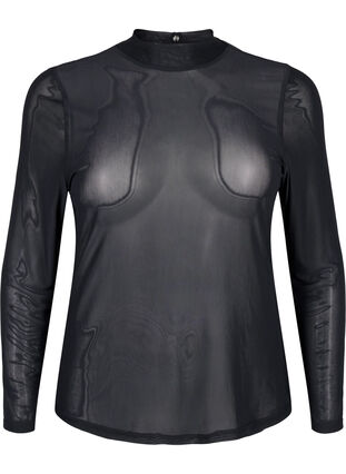 Zizzi Tætsiddende meshbluse med lange ærmer, Black, Packshot image number 0