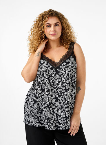 Zizzi Top med blonder i viskose, Black w. Wh.Leaf AOP, Model image number 0