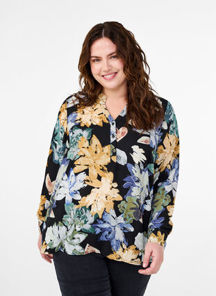 Zizzi Langærmet bluse med blomsterprint, Yellow Flower AOP, Model image number 0