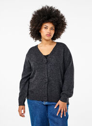 Kort strikcardigan med blomsterknapper, Dark Grey Melange, Model