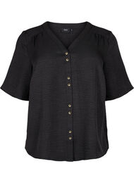 Skjortebluse med v-hals og korte ærmer, Black