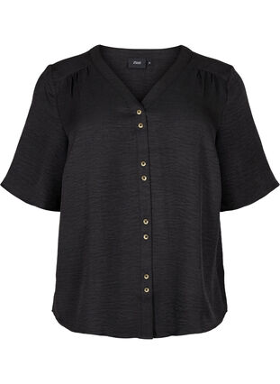 Zizzi Skjortebluse med v-hals og korte ærmer, Black, Packshot image number 0