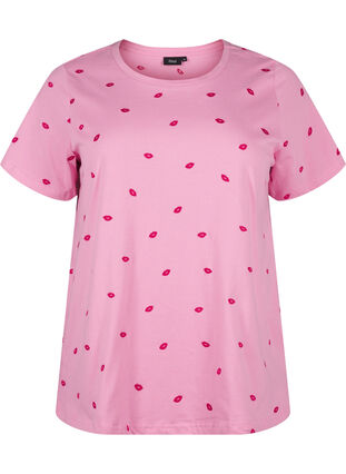 Zizzi T-shirt i økologisk bomuld med hjerter., Rose Bl. Lips Emb. , Packshot image number 0