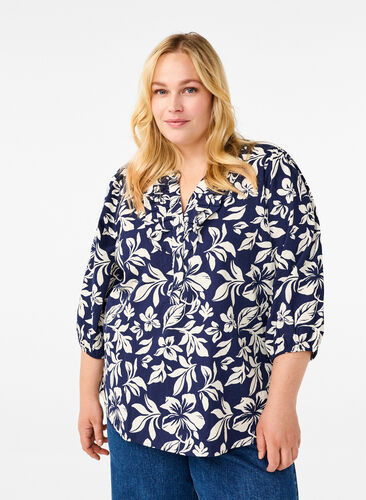 Zizzi 3/4 ærmet bluse i bomuld med print, Naval Academy Flower, Model image number 0