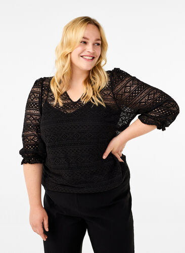 Zizzi Bluse med hulmønster og 3/4 ærmer, Black, Model image number 0