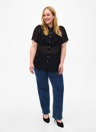 Zizzi Kortærmet skjortebluse med flæser, Black, Model image number 2