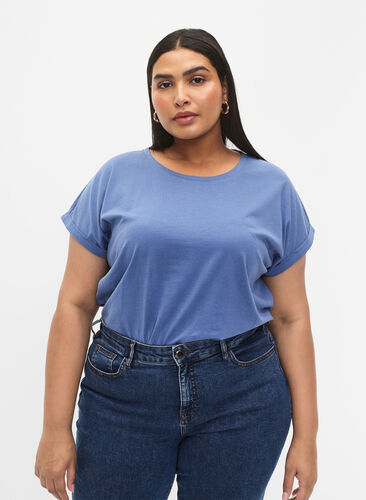 Zizzi Kortærmet t-shirt i bomuldsblanding, Moonlight Blue, Model image number 0