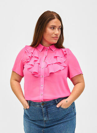 Zizzi Kortærmet skjortebluse med flæser, Pink Power, Model image number 0