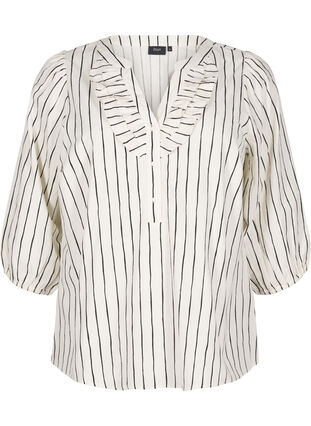 Zizzi 3/4 ærmet bluse i bomuld med striber, Eggnog Black Stripe, Packshot image number 0