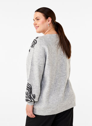 Zizzi Strikbluse med dekorativt mønster , Light Grey Melange, Model image number 1