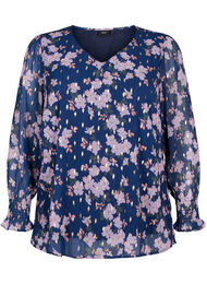 Blomstret bluse med lange ærmer og v-hals, Blue Small Fl. AOP