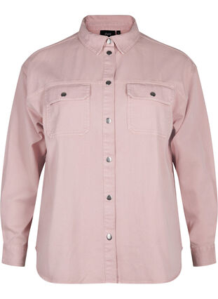 Zizzi Ensfarvet denimskjorte med brystlommer, Pale Mauve, Packshot image number 0