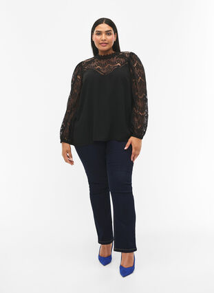 Zizzi Langærmet bluse med blonder, Black, Model image number 2