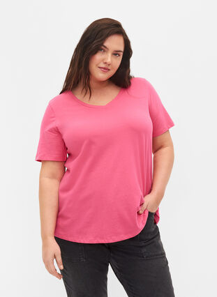 Zizzi Ensfarvet basis t-shirt i bomuld, Hot Pink, Model image number 0