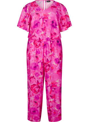 Zizzi Blomstret jumpsuit med flagermusærmer, Pink Rose AOP, Packshot image number 0