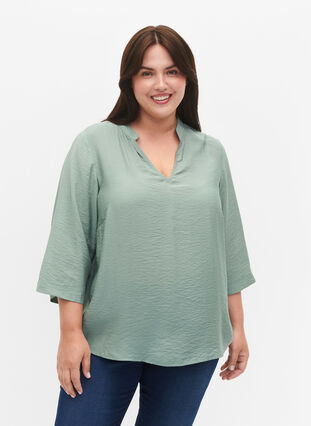 Zizzi Ensfarvet bluse med 3/4 ærmer, Chinois Green, Model image number 0