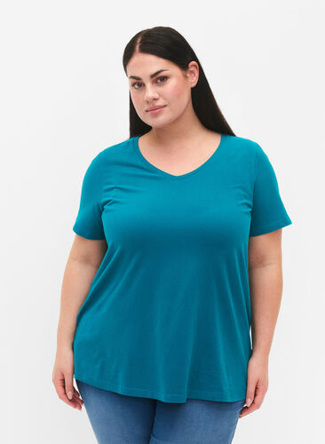 Zizzi Ensfarvet basis t-shirt i bomuld, Deep Lake, Model image number 0