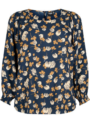 Zizzi FLASH - Langærmet bluse med smock og print, Navy Brown Flower, Packshot image number 0