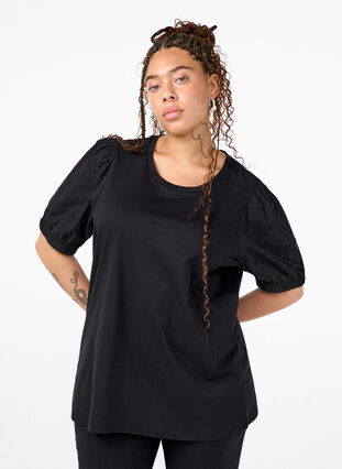 Zizzi Økologisk bomuldsbluse med broderi anglaise ærmer, Black, Model image number 0