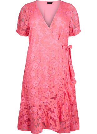 Zizzi Blonde wrapkjole med korte ærmer, Pink Carnation, Packshot image number 0
