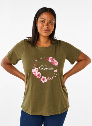 Zizzi FLASH - T-shirt med motiv, Olive Night Flower, Model image number 0