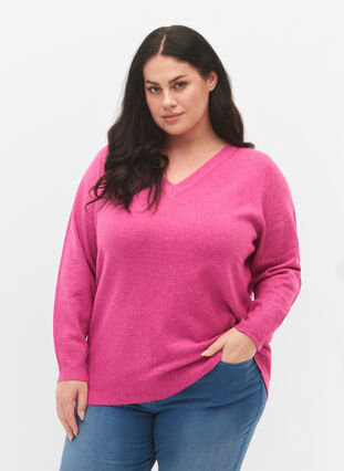 Zizzi Meleret strikbluse med v-hals, Rose V. w. White Mel, Model image number 0