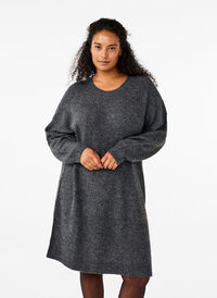 Langærmet ribstrikket kjole, Dark Grey Black Mel., Model