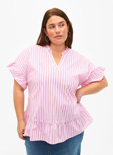 Zizzi Stribet bluse med peplum og flæsedetaljer, Pink Red Stripe, Model image number 0
