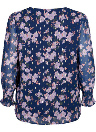 Zizzi Blomstret bluse med lange ærmer og v-hals, Blue Small Fl. AOP, Packshot image number 1