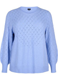 Strikbluse med hulmønster, Cornflower Blue Mel.