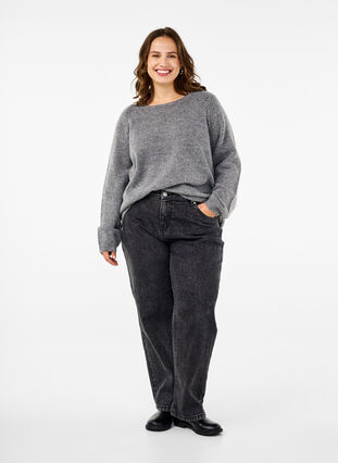 Zizzi Løstsiddende strikbluse med rund hals, Medium Grey Melange, Model image number 2