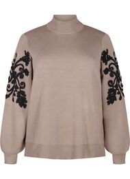 Strikbluse med broderi, Desert Taupe Comb