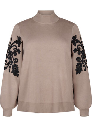 Zizzi Strikbluse med broderi, Desert Taupe Comb, Packshot image number 0