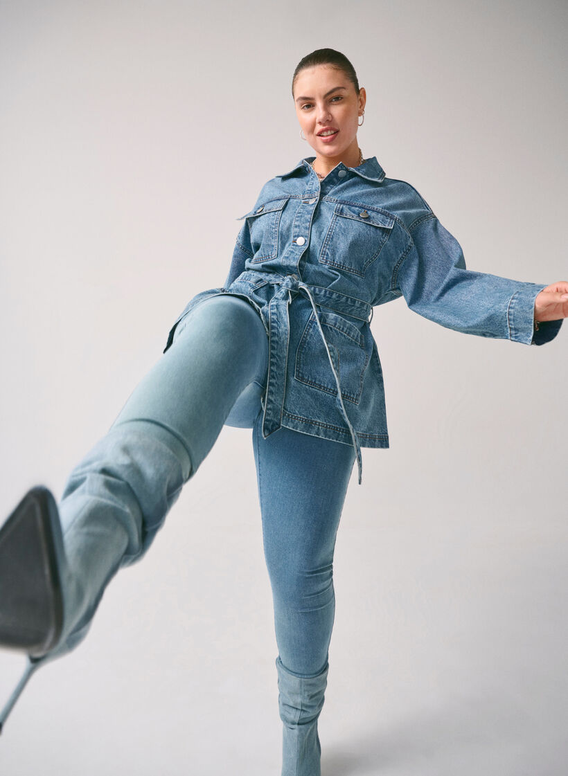 Denimjakke med bindebælte, Blue Denim, Image