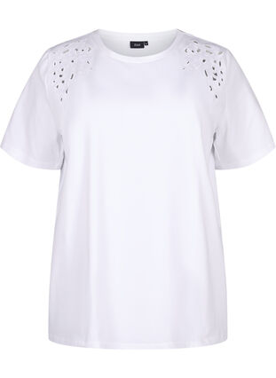 Zizzi T-shirt i økologisk bomuld med broderidetaljer, Bright White, Packshot image number 0