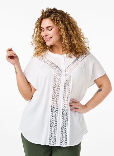 Zizzi Viskose bluse med blondebånd, Bright White, Model image number 0