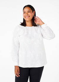 Langærmet bluse med broderi, Bright White, Model