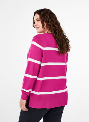 Zizzi Strikket viskosebluse med striber, Fuchsia Red Comb, Model image number 1