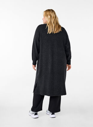 Zizzi Lang strikcardigan med lommer, Dark Grey Melange, Model image number 1